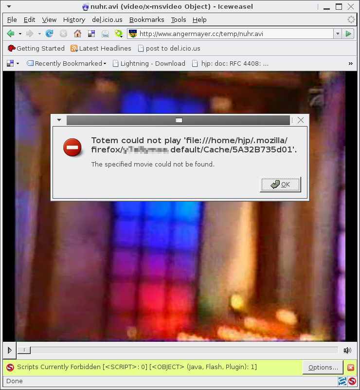 Screenshot: Totem
	could not play
	'file:///home/hjp/.mozilla/firefox/xxxxxxxx.default/Cache/5A32B735d01'.
	The specified file could not be found.